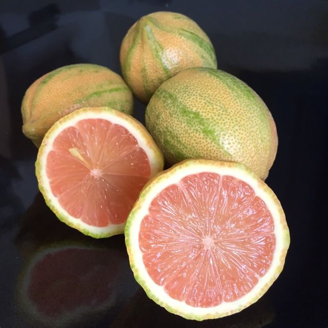 three grapefruits, one cut in half and the other whole on a black surface