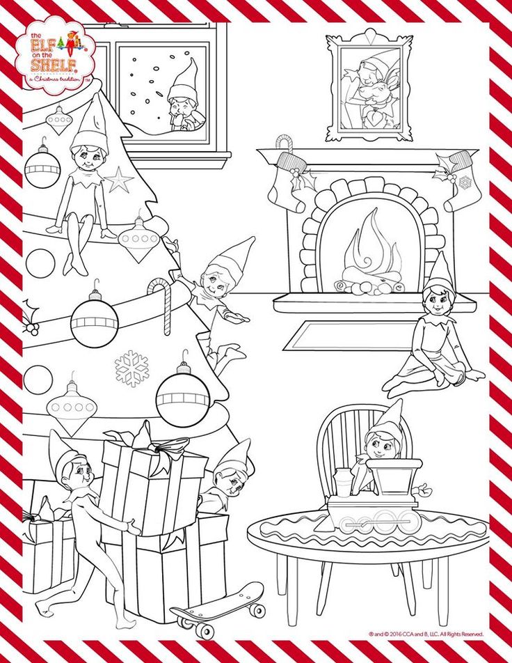 a christmas coloring page with elves and presents in front of a fire place on the fireplace