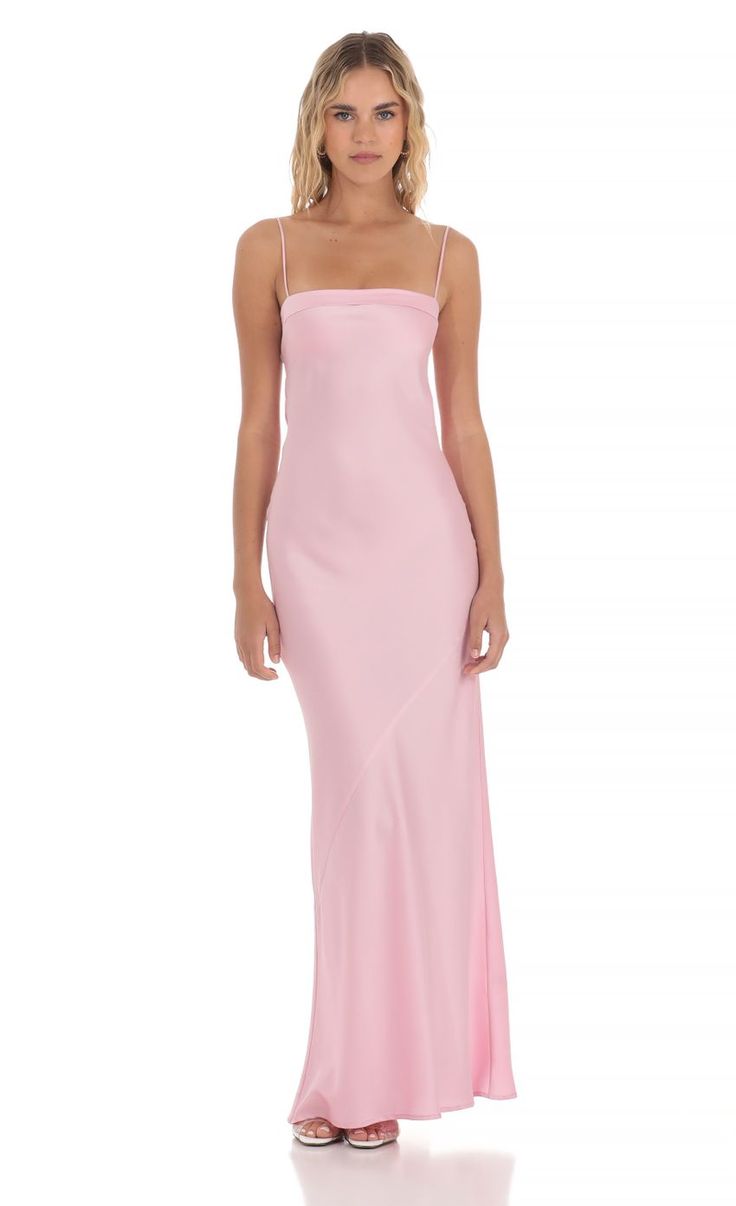 Satin Open Back Maxi Dress in Pink Long Satin Pink Dress, Pink Hoco Dress Midi, Pink Patterned Bridesmaid Dresses, Classy Summer Wedding Guest Dress, Pink Silk Maxi Dress, Silk Pastel Bridesmaid Dresses, Pastel Pink Formal Dress, Light Pink Wedding Guest Dress, Pink Hoco Dress Long