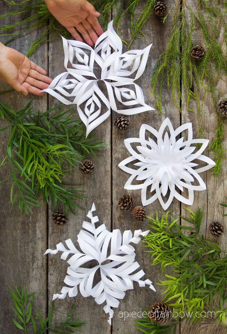 paper snowflakes are arranged on a wooden table with pine cones and evergreen branches