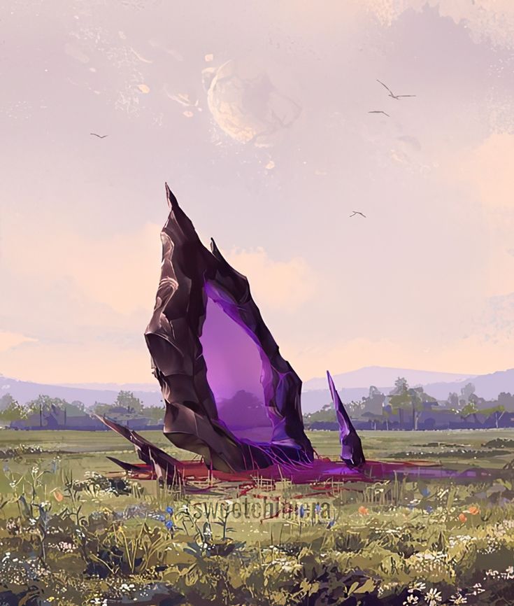 an artistic painting of a rock in a field