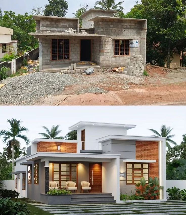 two pictures side by side of a house and the same photo in different stages of construction