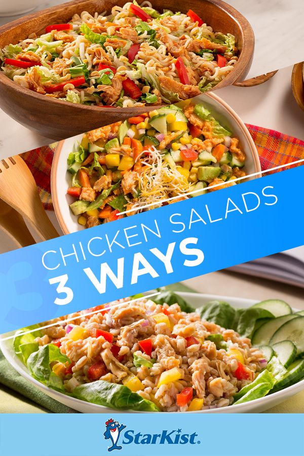 three different salads with the words chicken salads 3 ways in front of them