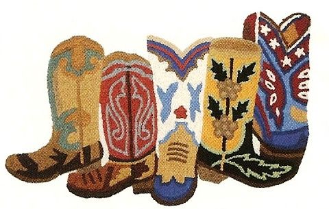 several pairs of cowboy boots are shown in this image with the words, country living on them