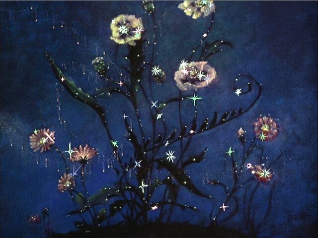 a painting of flowers and stars on a dark blue background with the sky in the background