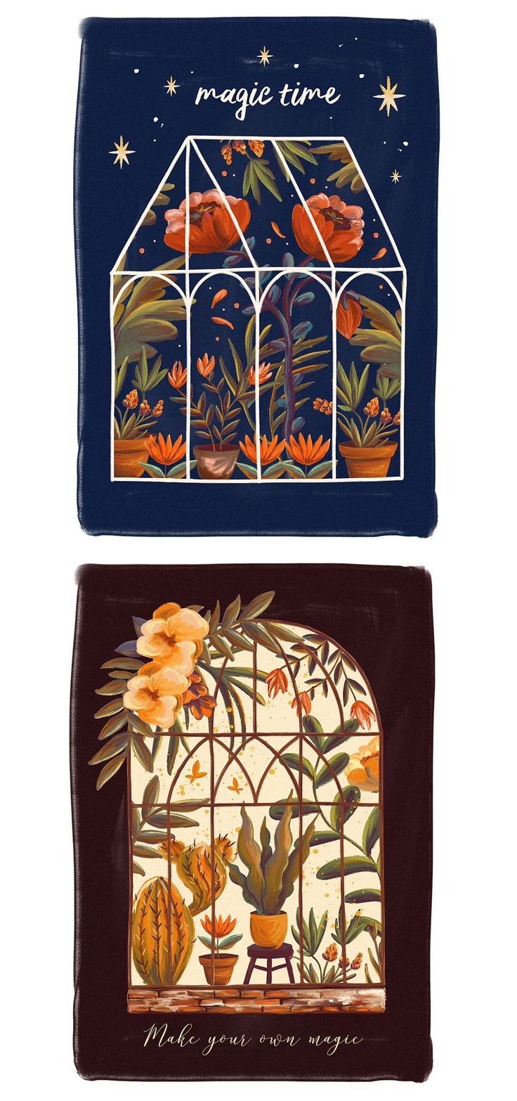 two magnets with flowers and plants on them, one has a house in the background