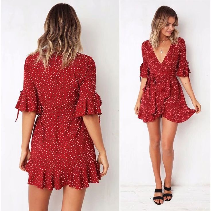 FREE SHIPPING Red Polka Dot Wrap Dress Ruffles JKP1427 V-neck Ruffle Hem Sundress, Flowy Knee-length Ruffle Dress For Summer, Flirty V-neck Ruffle Dress For Summer, Flirty Polka Dot Mini Dress For Summer, Polka Dot V-neck Mini Dress For Day Out, Summer V-neck Ruffle Dress, Flirty Ruffle Sleeve Mini Dress For Summer, Polka Dot Mini Dress For Beach In Summer, Polka Dot Mini Dress For Beach And Summer