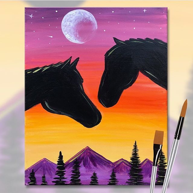 two horses are facing each other in front of a colorful sky and trees with the moon behind them