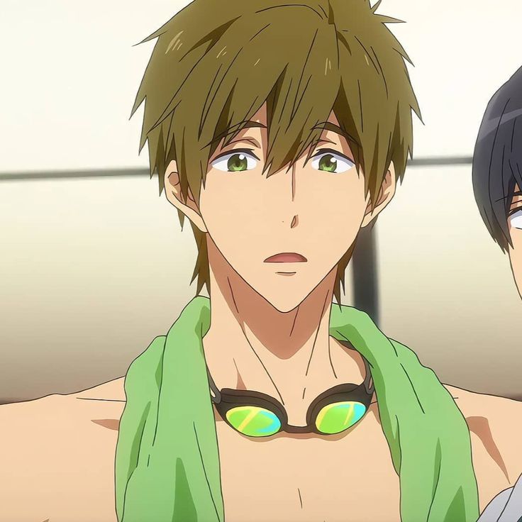 two anime characters with green eyes and no shirt