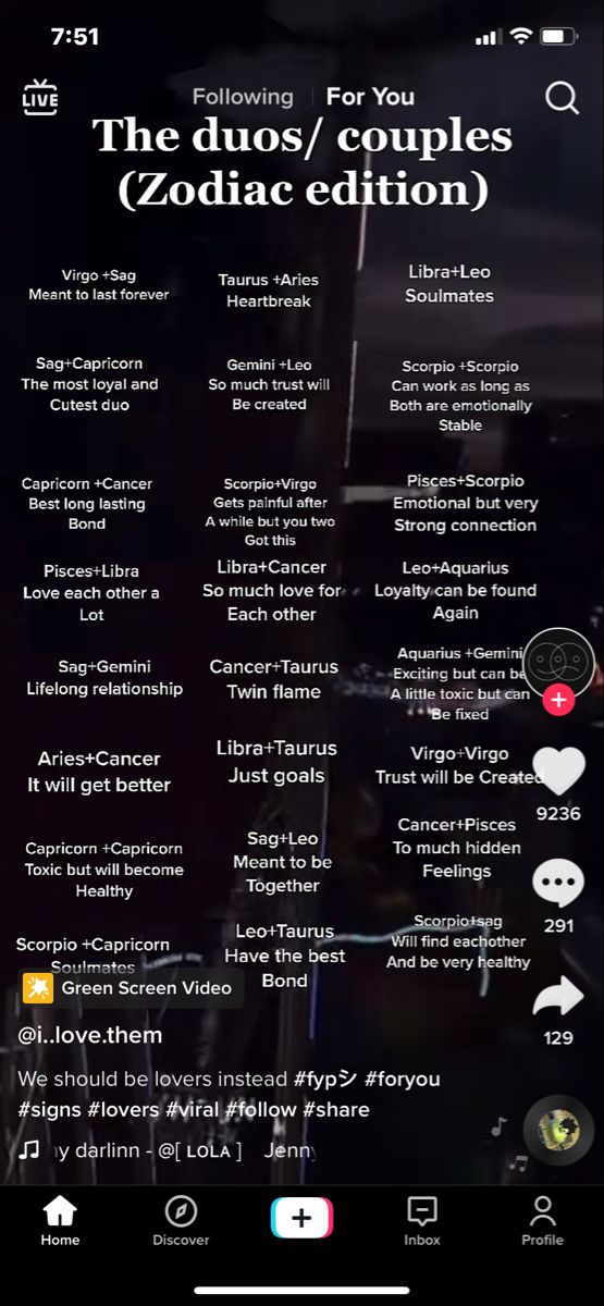 the duos / couples zodiac edition screenshote on an iphone, with text and icons