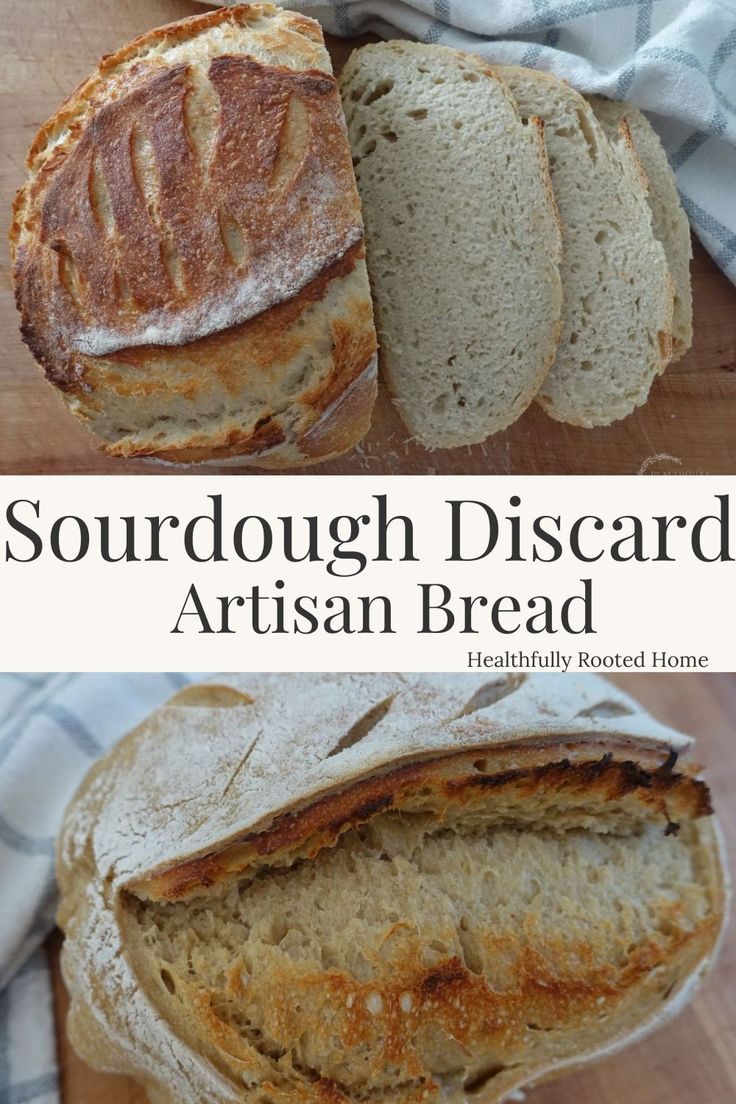 sourdough disard artisan bread is cut in half and placed on a cutting board