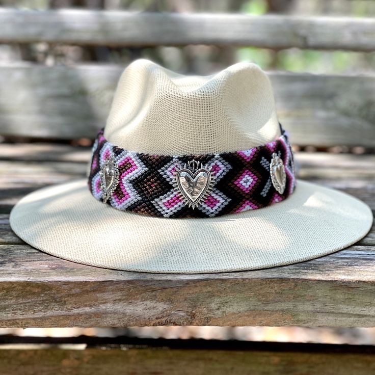 Love Heart Hat - Bootsologie Bohemian Pink Hat Band For Beach, Handmade Fedora Panama Hat In Toquilla Straw, Multicolor Toquilla Straw Hat With Curved Brim, Handmade Casual Panama Hat With Flat Brim, Handmade Fedora Hat Band From Toquilla Straw, Artisan Handwoven Brimmed Fedora, Artisan Handwoven Fedora, Artisan Handwoven Summer Hats, Bohemian Multicolor Crochet Hat With Short Brim