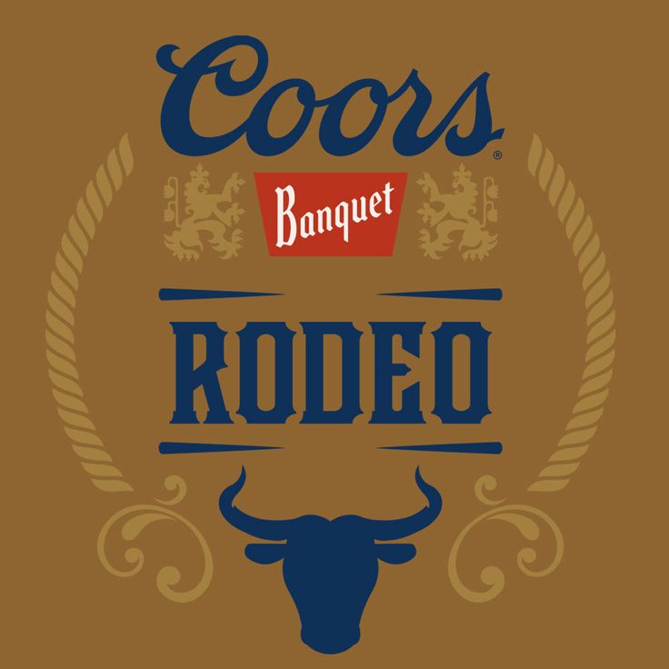 the logo for coors banquet rodeo is shown in blue and brown with an image of a bull's head on it