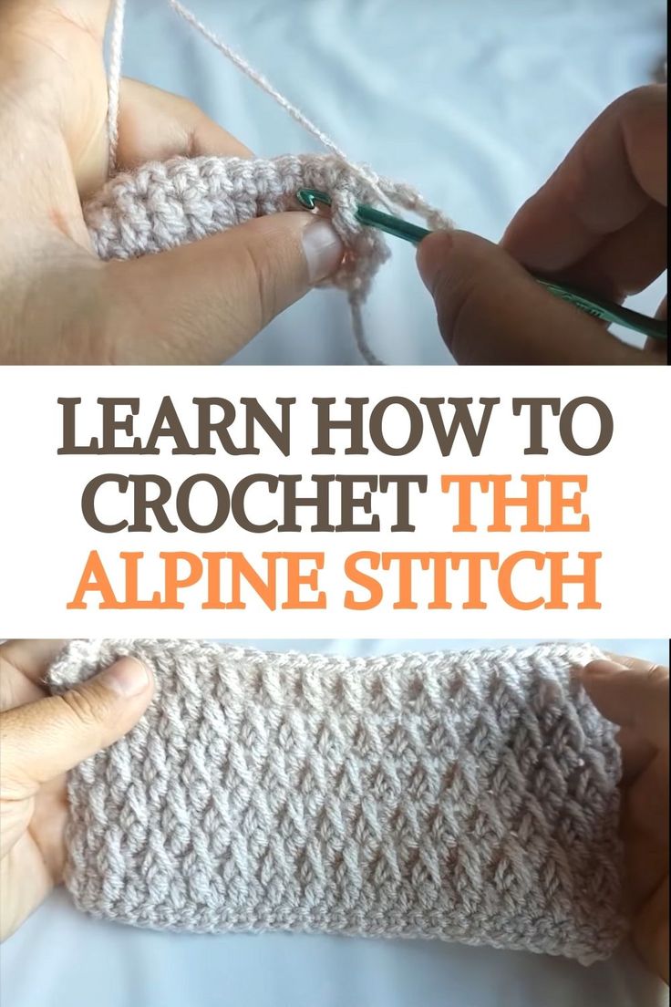 someone is crocheting the alpine stitch on an arm warmer with text overlay that reads learn how to crochet the alpine stitch