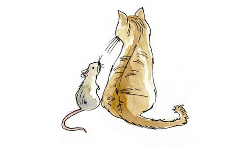 a drawing of a cat and a mouse sitting on top of each other's back legs