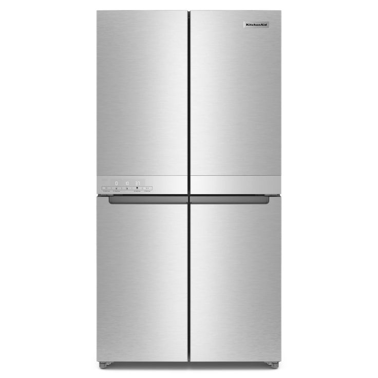 This 19.4 cu ft 36-inch Wide Counter-Depth 4-Door Refrigerator with PrintShield Finish has a modern configuration that helps keep ingredients fresh and accessible, with the premium sliding storage trays in the refrigerator and freezer. The Custom Freeze Zone allows cooks to select 0F, 10F or 19F, ideal for storing items such as compound butters and ready-to-serve homemade gelato KitchenAid Counter-depth 19.4-cu ft 4-Door French Door Refrigerator with Ice Maker (Print Resist Metallic Steel) ENERGY STAR | KRQC506MPS Homemade Gelato, Compound Butters, Sliding Storage, Kitchenaid Refrigerator, 4 Door Refrigerator, Counter Depth French Door Refrigerator, Refrigerator And Freezer, Fridge Top, Glass Refrigerator