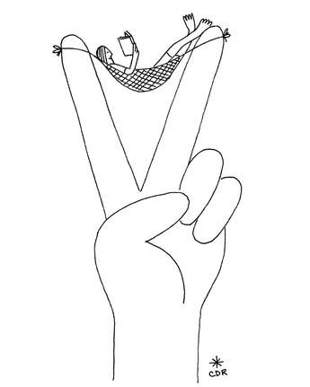 a black and white drawing of a person holding up the v for peace sign with their hands