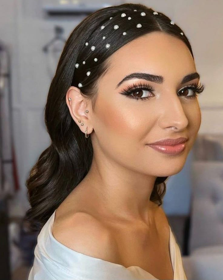 Slick Front Hair Down With Rhinestones, Adhesive Pearls Hair, Hair With Pearls In It Down, Pearl In Hair Hairstyles, Hair With Pearls In It, Prom Hairstyles With Gems, Wedding Hairstyles With Pearls, Rhinestone Hairstyles, Hair Styles With Pearls