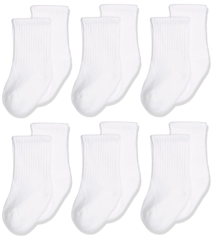 PRICES MAY VARY. These classic white sport crew socks are perfect for baby girls, baby boys, infants, newborns, toddlers, and first walkers Terry half cushion foot adds extra comfort, impact protection, and support Sensory friendly smooth toe seam is less irritating and bulky to fit comfortably on baby's growing feet Crew leg length is ribbed so it stays up and does not slip or bunch while being worn 6 pair pack is knit with cotton, nylon, and spandex for super soft comfort and stretch Sensory Friendly, White Socks, Baby Socks, White Sock, 6 Packs, Walkers, Unisex Baby, 6 Pack, Classic White