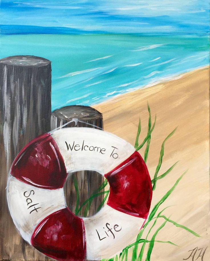 a painting of a life preserver sitting on the sand by the ocean with words welcome to my life written on it