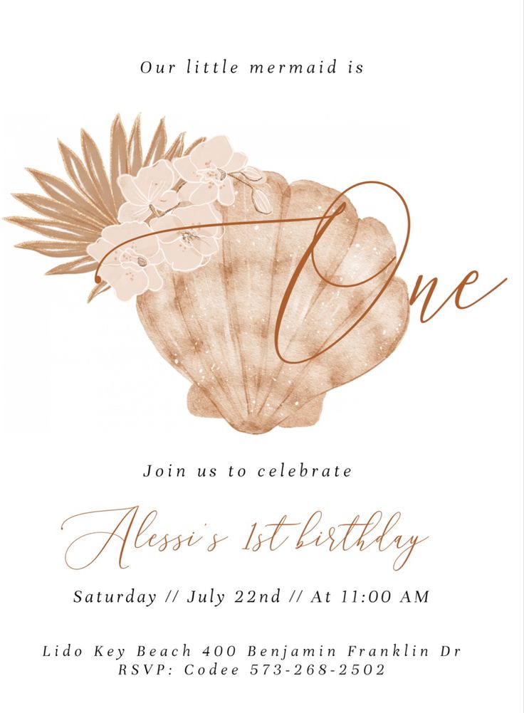 an image of a birthday party card with seashells and palm leaves on it