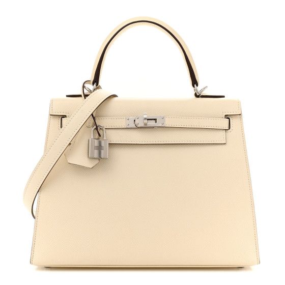 This is an authentic HERMES Epsom Kelly Sellier 25 in Nata. This iconic and classic handbag is crafted of beautiful off-white leather with white stitching. The bag features a sturdy rolled leather top handle and a crossover flap and strap closure with a silver-plated signature Kelly turn lock and padlock with a clochette for the keys. This opens to a leather interior with zippered and flat pockets. Kelly Sellier, Classic Handbags, The Keys, Leather Interior, Leather Top, White Leather, Crossover, Top Handle, Silver Plated