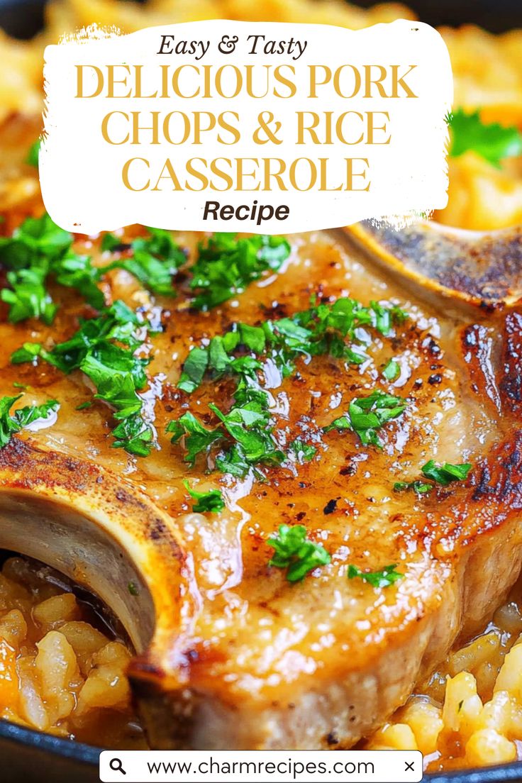 delicious pork chops and rice casserole with parsley in a skillet