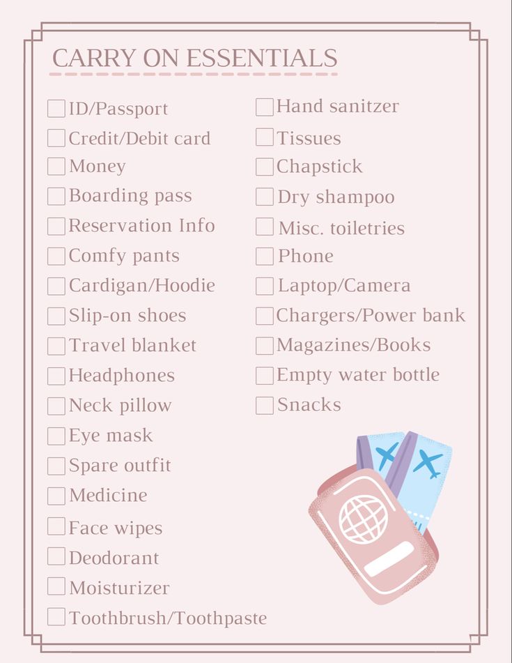 Not sure if your forgetting something? Here’s a printable list of everything you might need to put in your carry on. #essentials #vacation #minimalist #packinghacks #airplane #luggage Essential For Travel Packing Lists, Things To Pack For Vacation Carry On, Backpack List For Travel, Flight Trip Essentials, Airplane Luggage Packing, Airplane Needs Tips, Things To Pack In Your Carry On Bag, Traveling Carry On Essentials, Travel Essentials Carry On Only