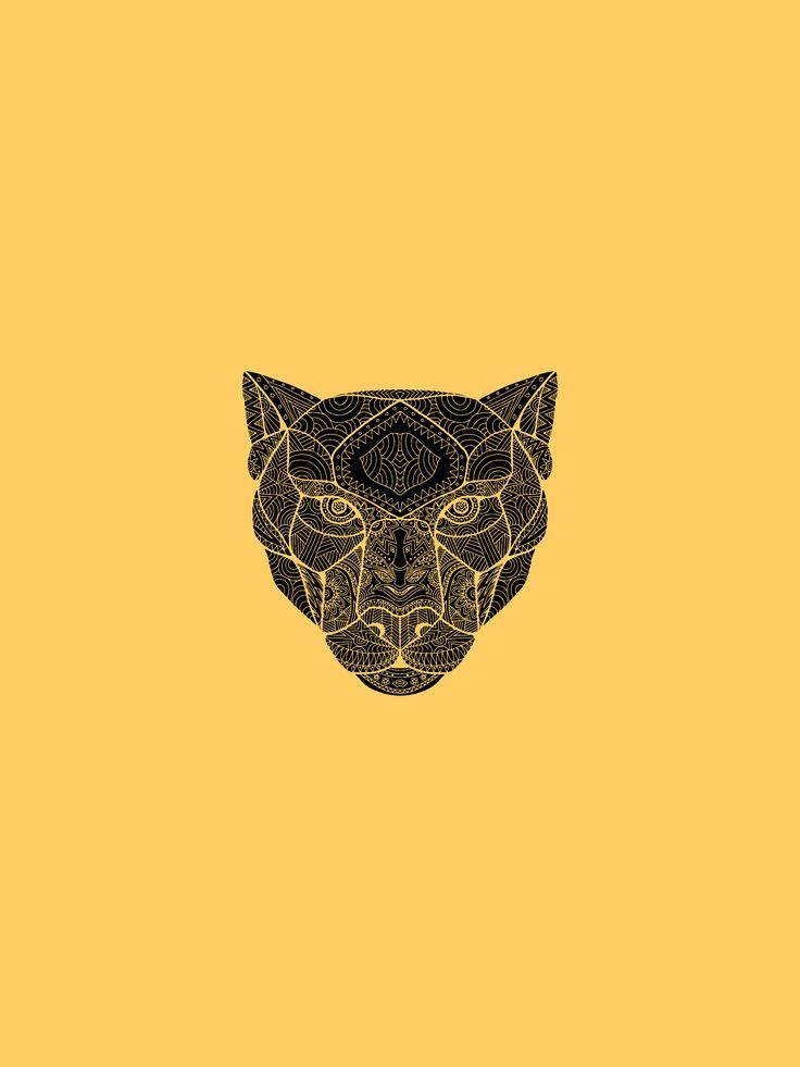 the head of a cat with geometric patterns on it's face, against a yellow background