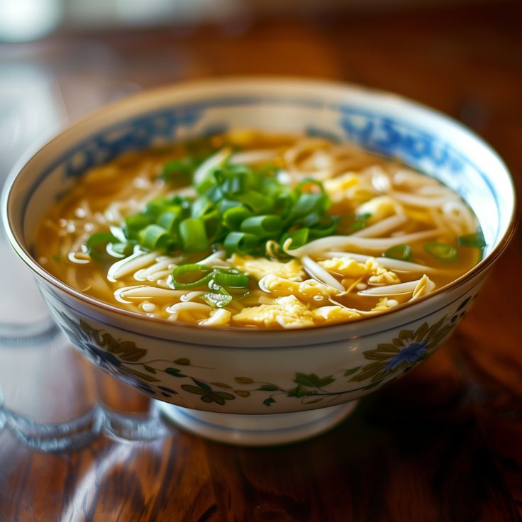 a bowl of soup with noodles and green onions