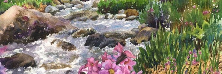 a painting of flowers and rocks in a stream with grass on either side by itself