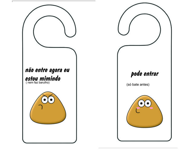 two door hangers with cartoon faces and words written on the front, back and sides