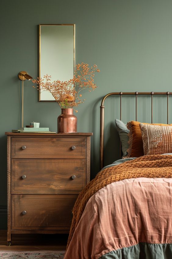 a bed room with a neatly made bed and a dresser