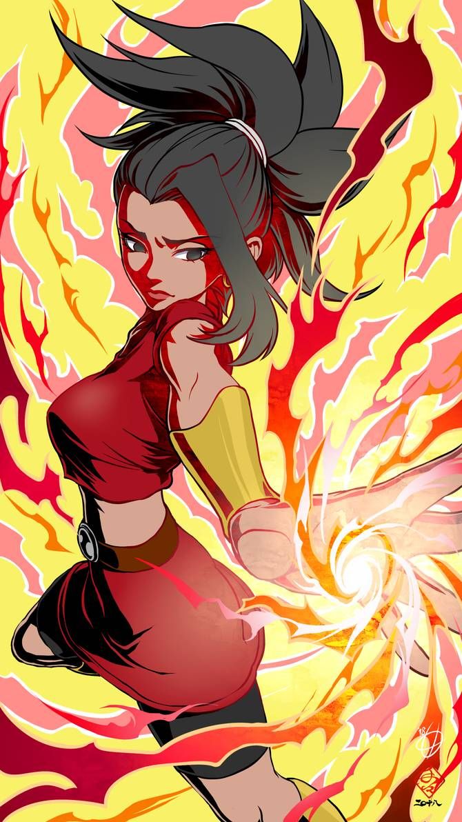 a woman in red shirt and black skirt with flames around her