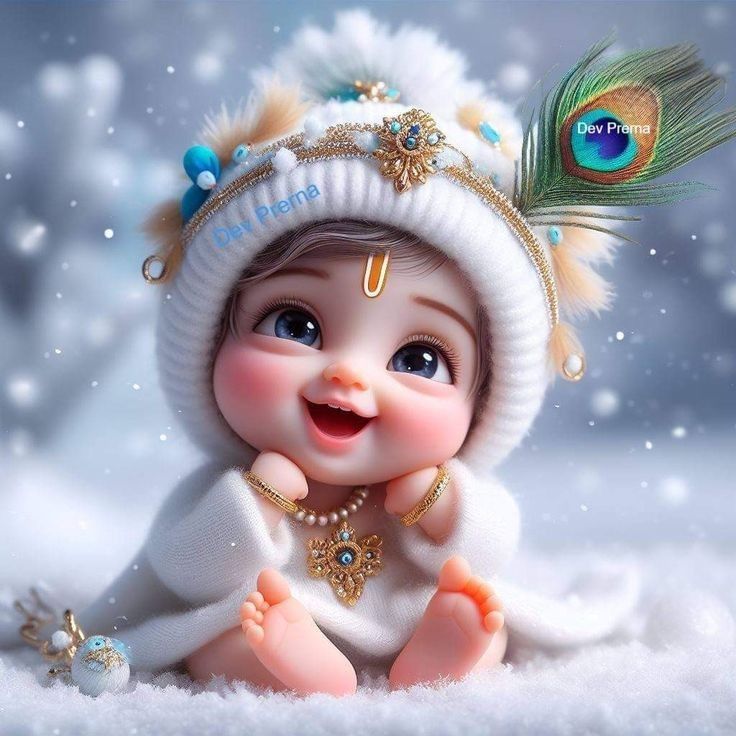 a baby in a white outfit with a peacock feather on it's head and eyes