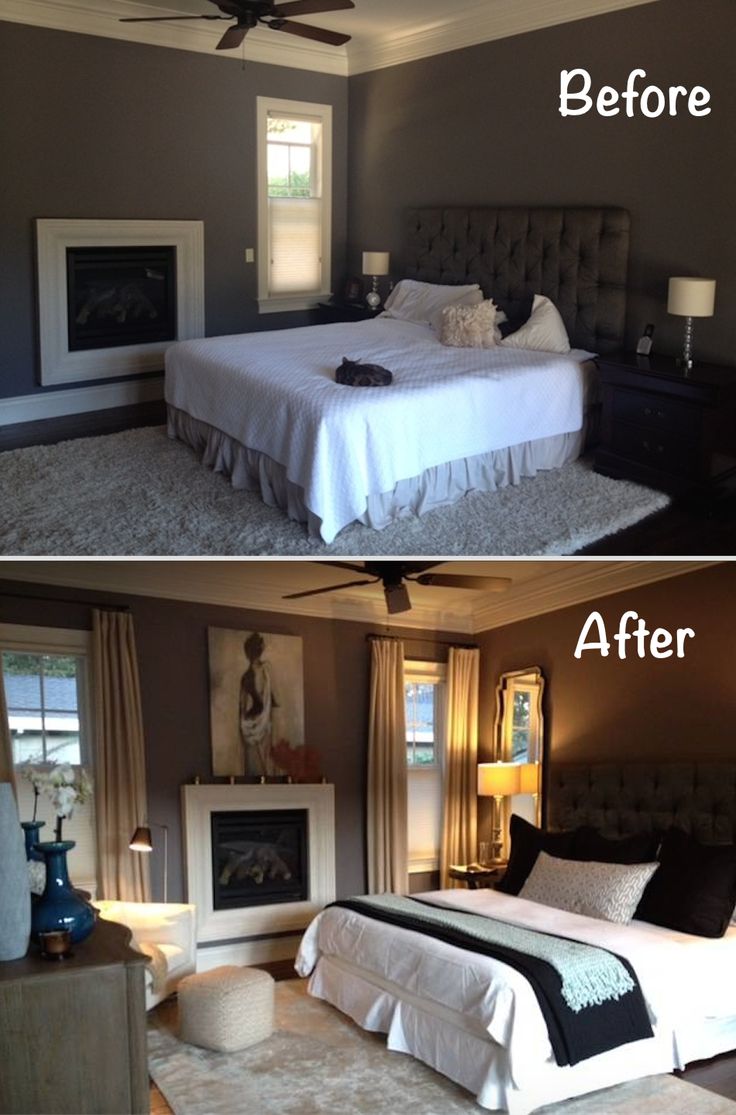 before and after pictures of a bedroom makeover with white bedding, black comforter, gray walls