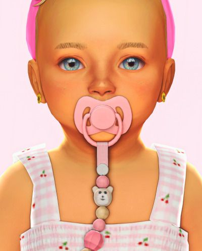 a digital painting of a baby with a pacifier attached to her nose and wearing a pink headband