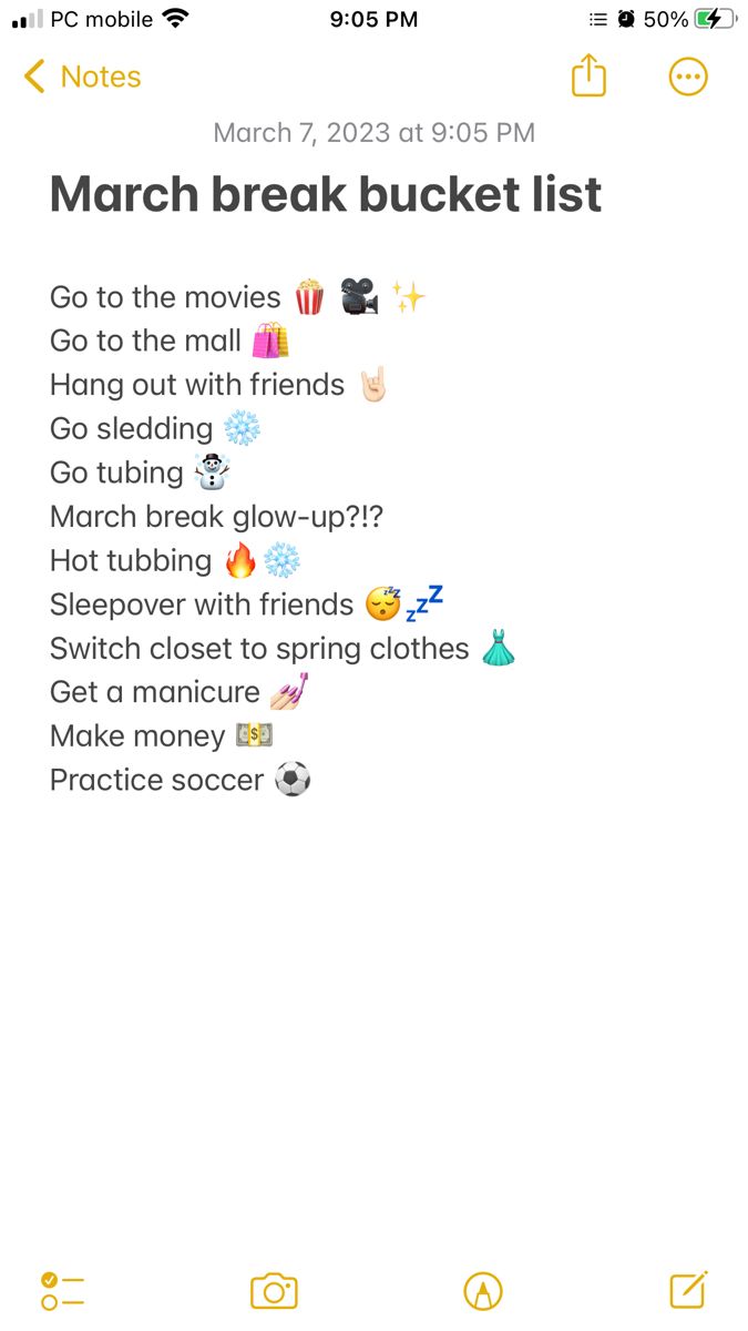 an iphone screen with the text'march break bucket list'in yellow and white