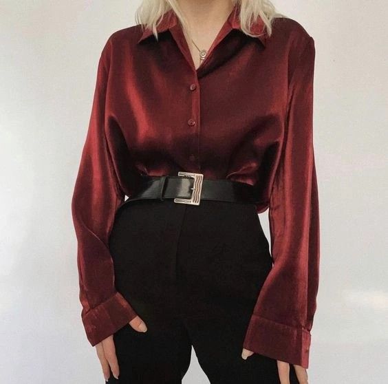 Red And Black Business Outfit, Red Maroon Outfit, Red Silk Shirt Outfit, Red Formal Outfit, Prom Outfits For Tomboys, Dark Red Outfit Aesthetic, Detective Aesthetic Outfit, Dark Red Clothes, Red And Gold Outfit