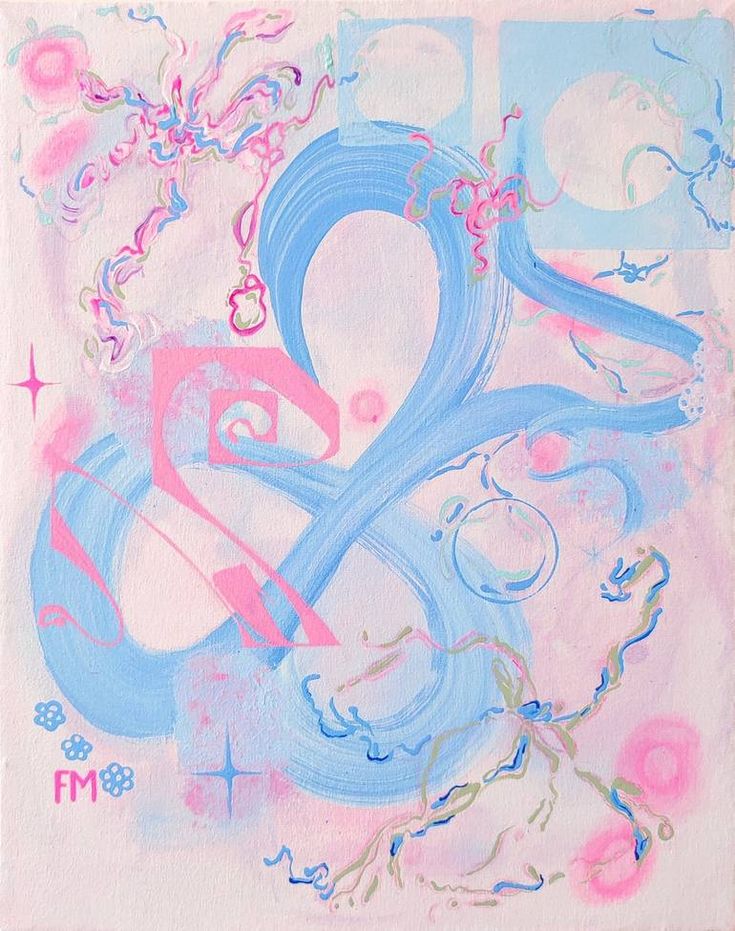 an abstract painting with blue, pink and white swirls in the shape of numbers