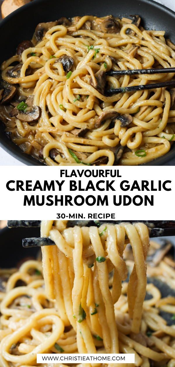 creamy black garlic mushroom udon in a skillet with text overlay that reads, creamy black garlic udon