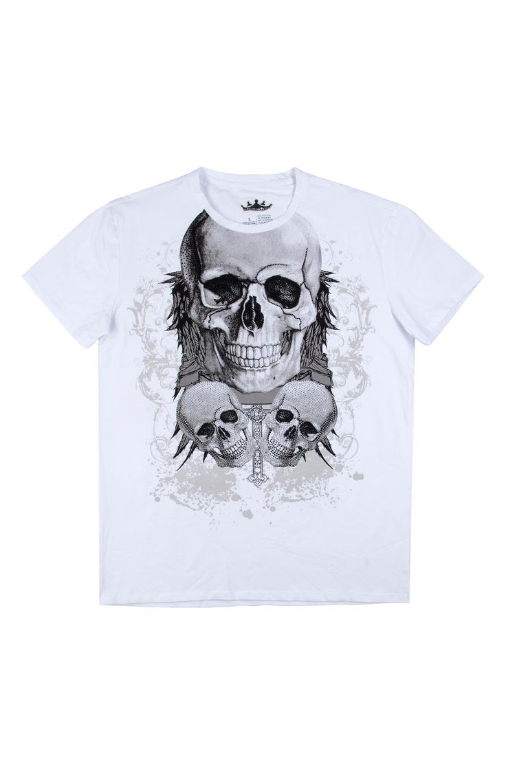 An edgy graphic t-shirt is perfect to slip into for effortless yet comfortable style. 28" length (size M) Crew neck Short sleeves 95% cotton, 5% spandex Machine wash
 Imported
 Model stats: 6'1" height, 32" waist. Model is wearing size M. Alternative Skull Graphic Print T-shirt, Edgy Skull Graphic Print T-shirt, Edgy Skull Screen Print T-shirt, Graphic Tee T-shirt With Skull Screen Print, Edgy Skull Print Crew Neck T-shirt, White Skull Graphic Print T-shirt, Skull Screen Print Graphic Tee, Alternative Tops With Skull Graphic Print, White Skull Print Band Merch Top