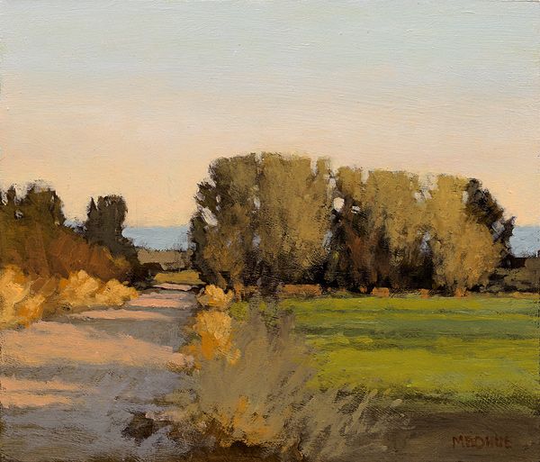 an oil painting of trees and grass in the distance with a river running through it