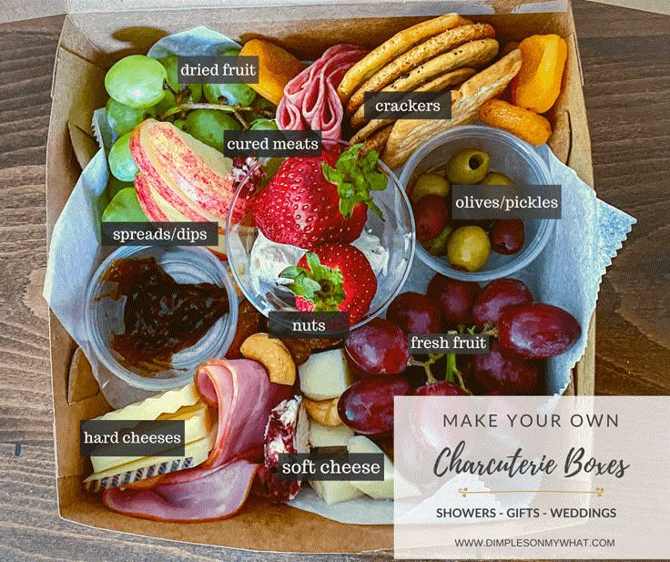 an open box filled with different types of cheeses, fruit and crackers on top of a wooden table