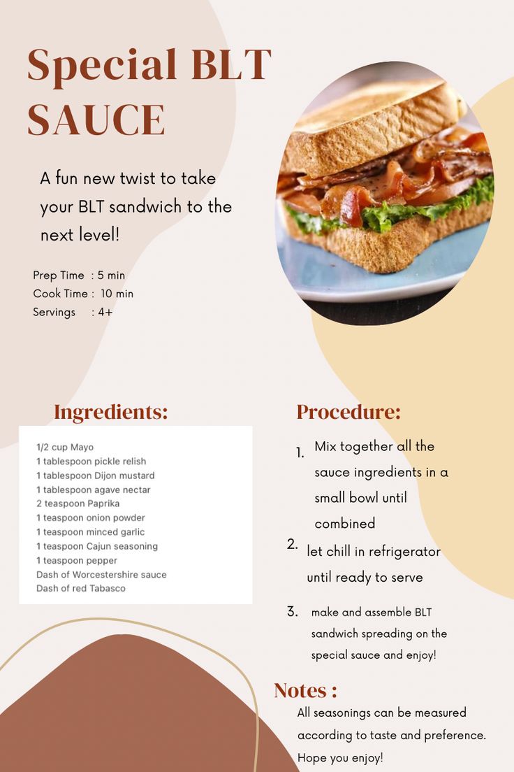 the menu for a special blt sauce is shown in brown and beige colors, with an image of a sandwich on it