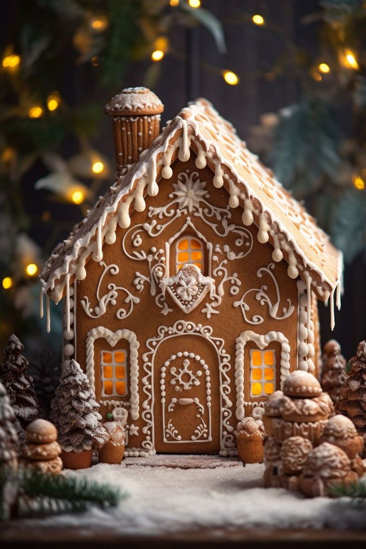 a gingerbread house decorated with icing and snowflakes is shown in front of christmas lights