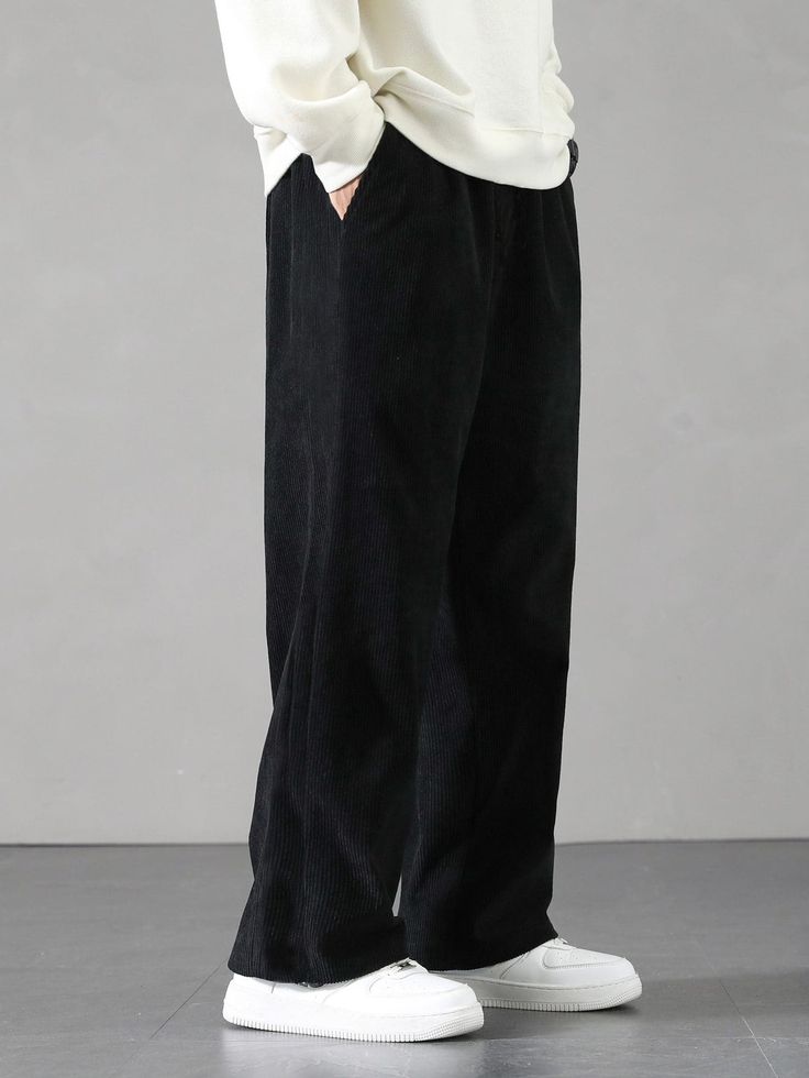 Black Casual Collar  Corduroy Plain Straight Leg Embellished Non-Stretch All Men Bottoms Baggy Trousers Outfit, Black Pants Outfit Men, Baggy Pants Outfit, Corduroy Pants Outfit, Korean Pants, Black Pants Outfit, Corduroy Pants Men, Attractive Dresses, Pants Outfit Men