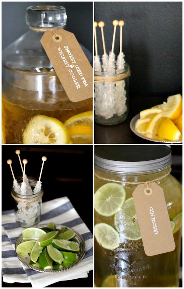 lemons and limeade are in mason jars with tags on them, along with other items