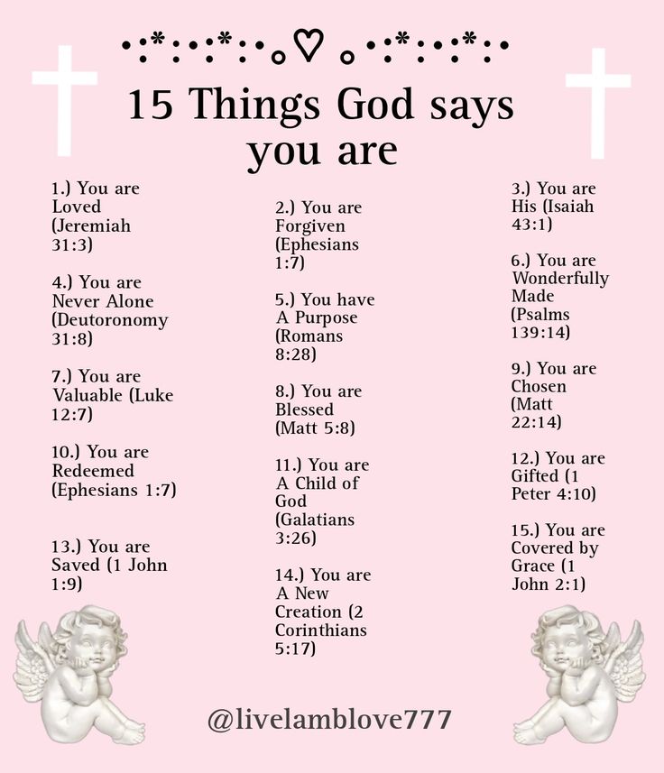 a pink poster with the words 15 things god says you are in front of it