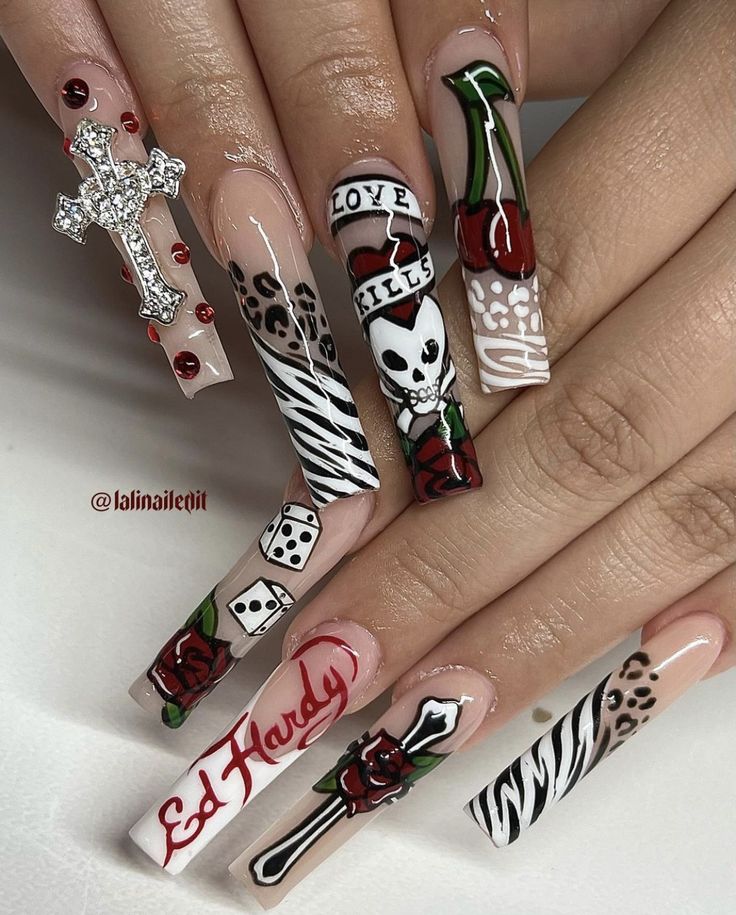 Ed Hardy Nails, Weak Nails, Punk Nails, Edgy Nails, Grunge Nails, Colored Acrylic Nails, Simple Acrylic Nails, Dope Nail Designs, Unique Acrylic Nails